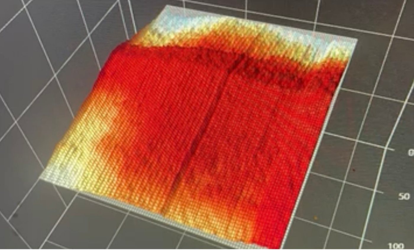 A 100 by 100 point eddy-probe mesh of the rebuilt bed, almost uniformly flat.